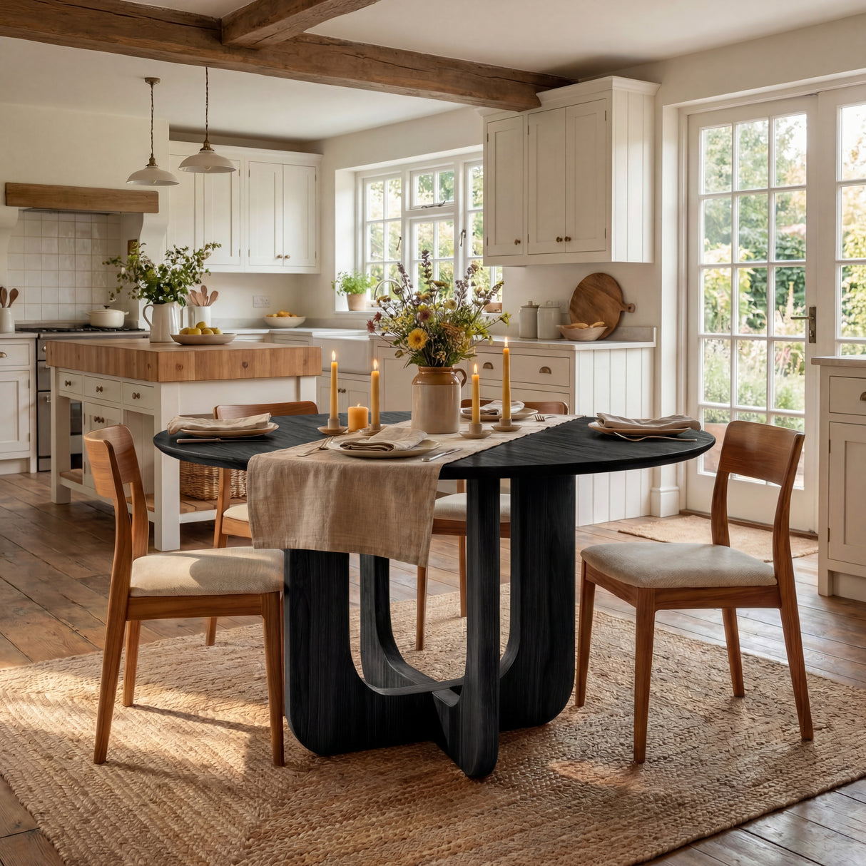 Round Solid Wood Dining Table with Sculpted U Shape Base for Dining Room