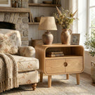 Solid Wood Nightstand with Double Door Storage and Open Shelf for Bedroom