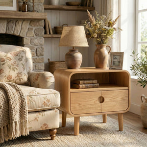 Solid Wood Nightstand with Double Door Storage and Open Shelf for Bedroom