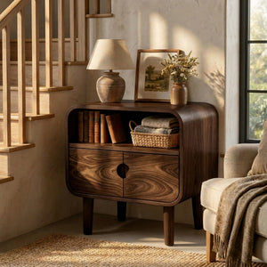 Solid Wood Nightstand with Double Door Storage and Open Shelf for Bedroom
