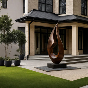 Large Outdoor Solid Wood Flame Sculpture with Plinth for Gardens, Courtyards, and Modern Landscapes
