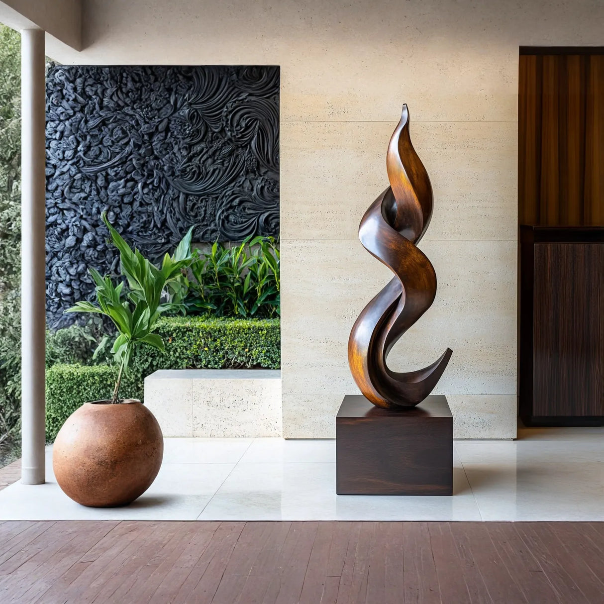 Solid Wood Twisting Flame Sculpture for Modern Interior Display