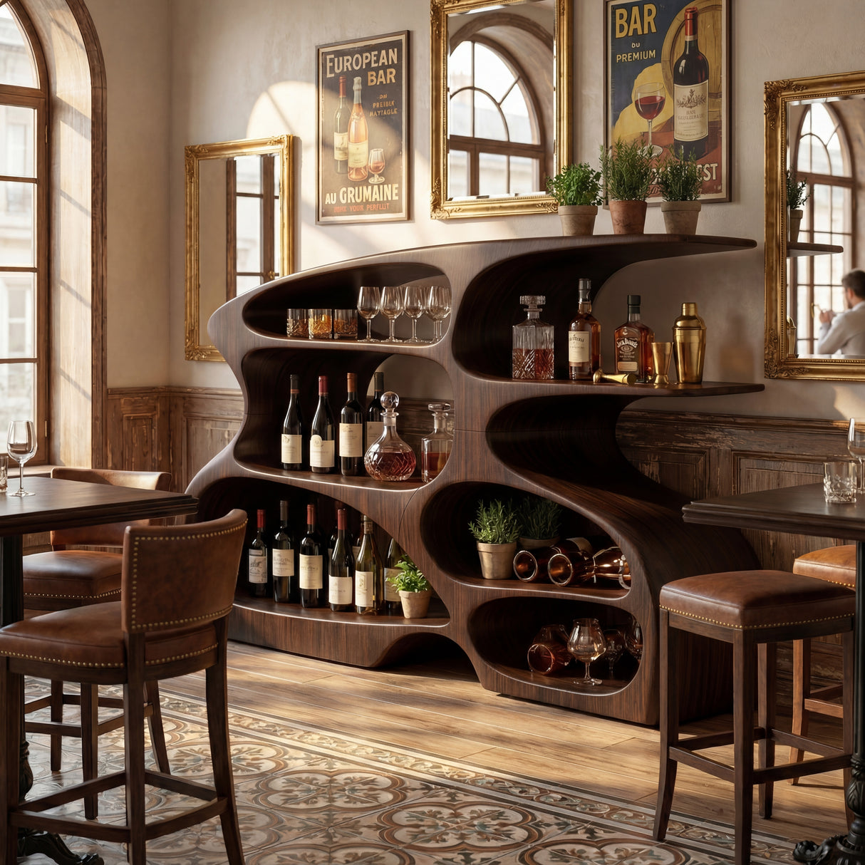 Handcrafted Solid Wood Wine Cabinet with Open Display Shelves