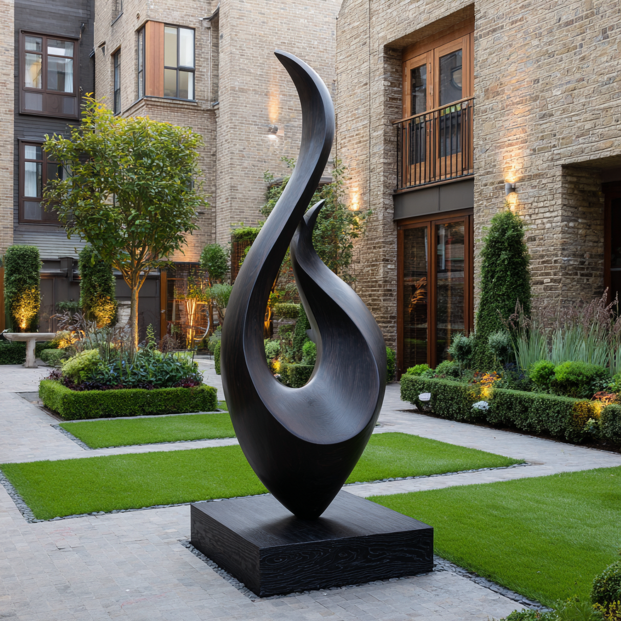 Large Outdoor Solid Wood Flame Sculpture with Plinth for Courtyards and Modern Gardens
