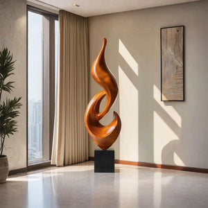 Tall Solid Wood Abstract Flame Floor Sculpture with Plinth for Modern Interiors