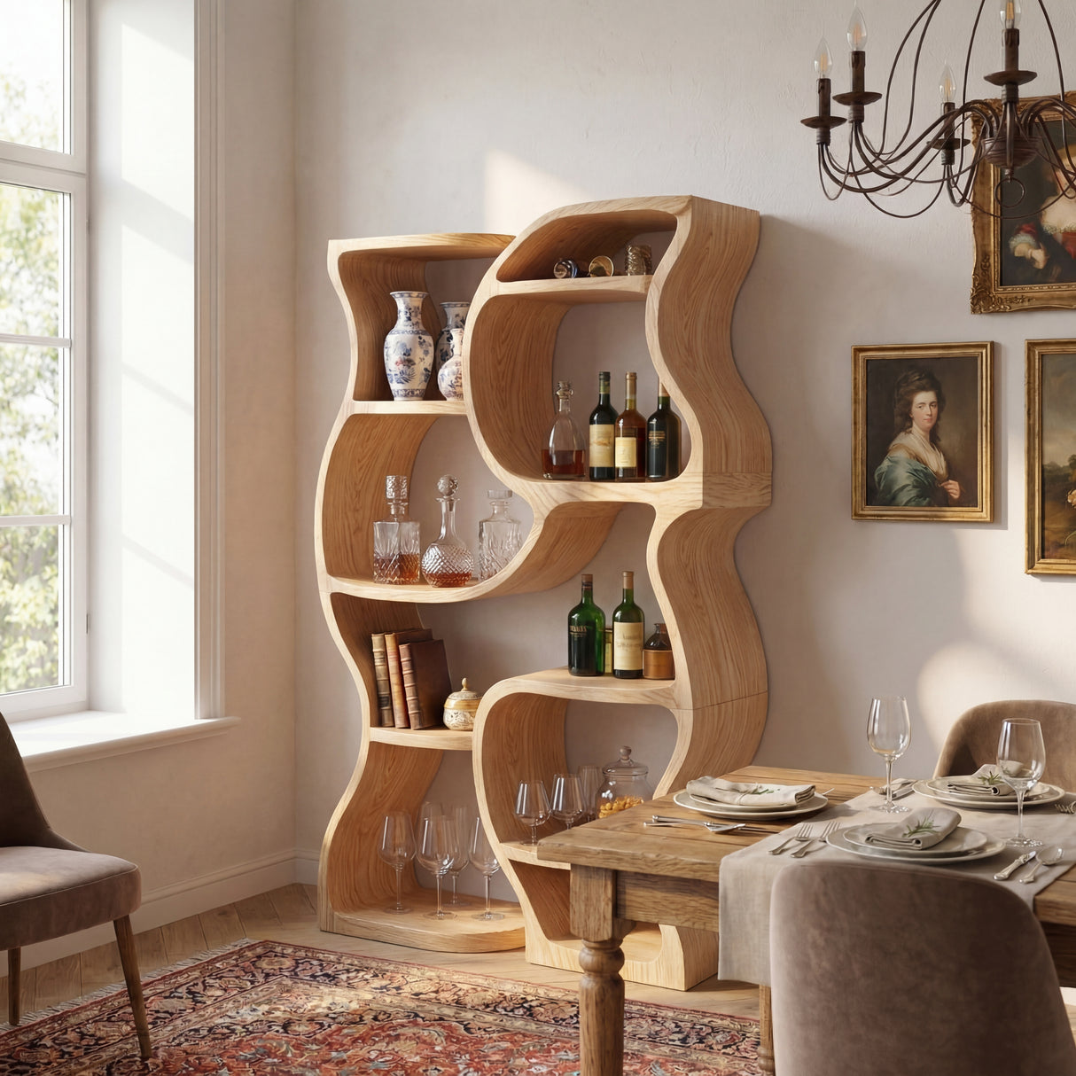Handcrafted Solid Wood Wine Storage Shelf with Organic Open Display Design