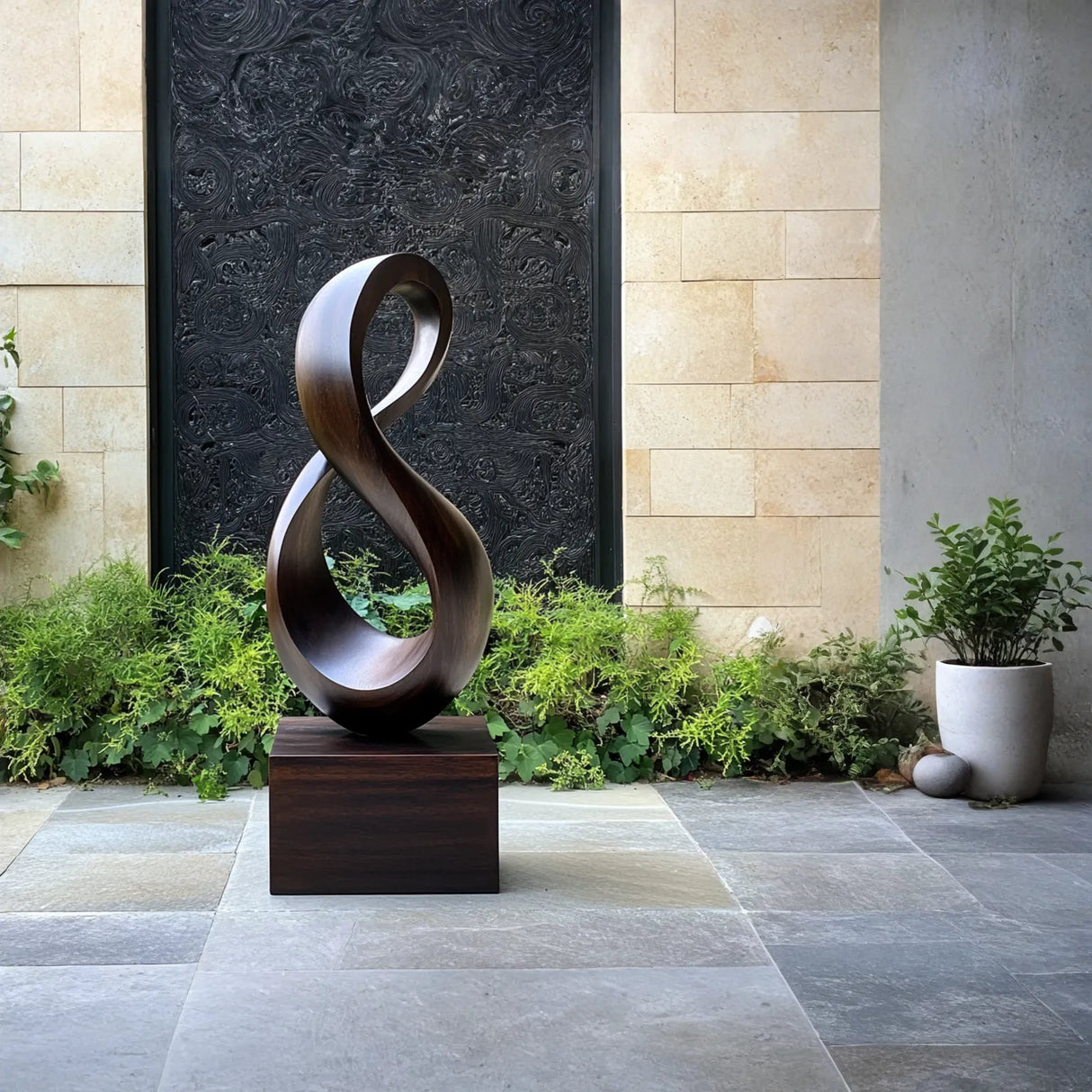 Tall Solid Wood Infinity Loop Sculpture with Plinth for Modern Spaces