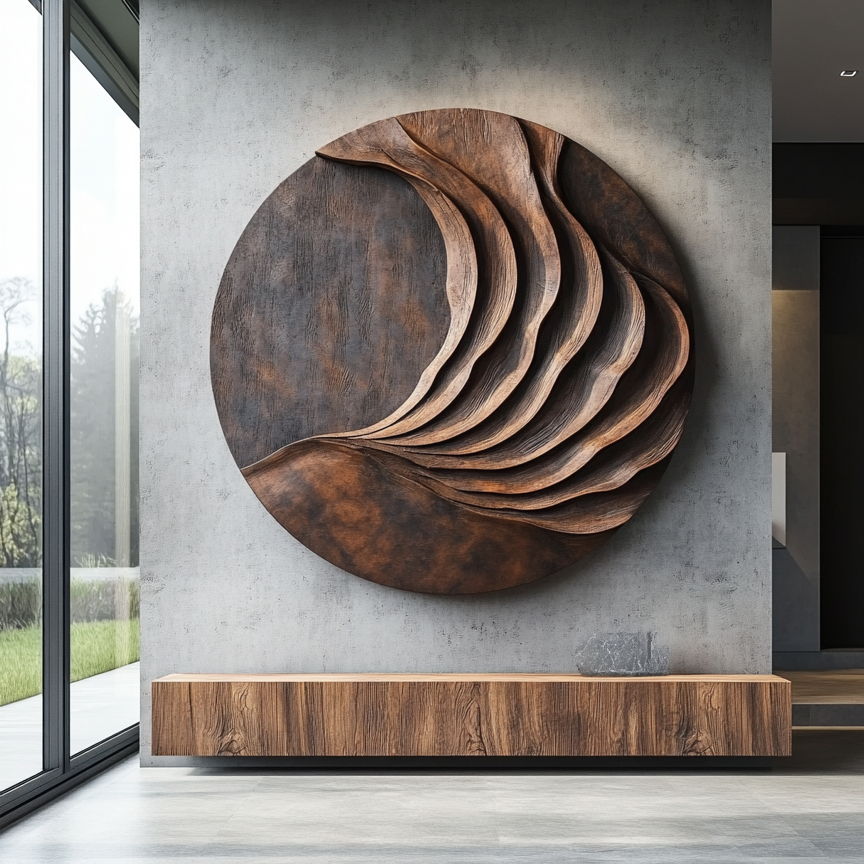 Large Solid Wood Layered Wave Circle Wall Sculpture for Modern Interiors