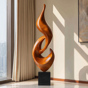 Tall Solid Wood Abstract Flame Floor Sculpture with Plinth for Modern Interiors