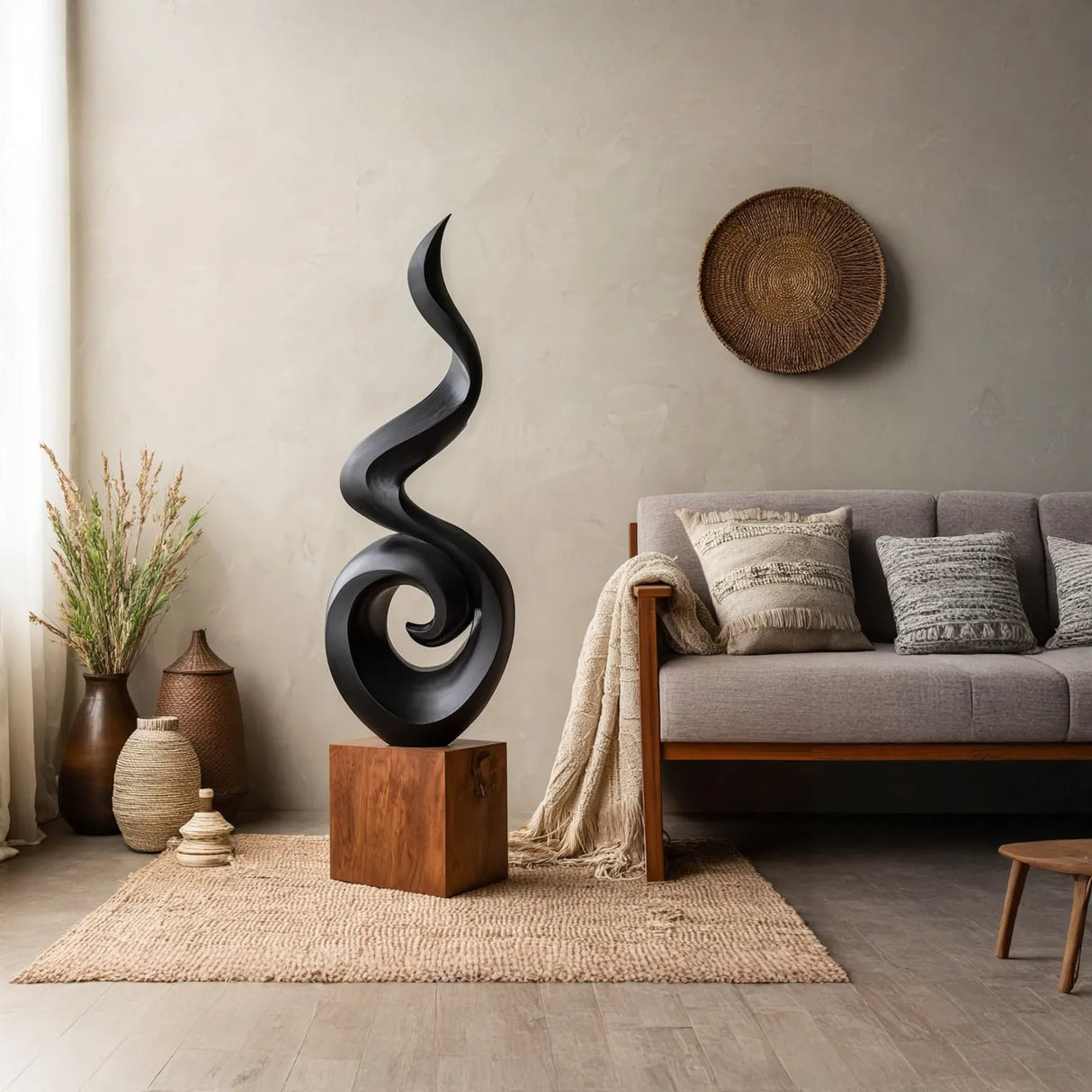Solid Wood Spiral Flame Sculpture for Living Room and Interior Display