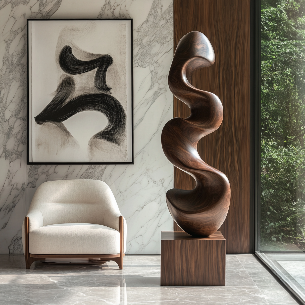 Solid Wood Sculptural Wave Floor Sculpture with Plinth for Modern Interiors