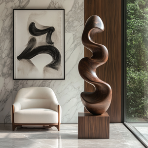 Solid Wood Sculptural Wave Floor Sculpture with Plinth for Modern Interiors