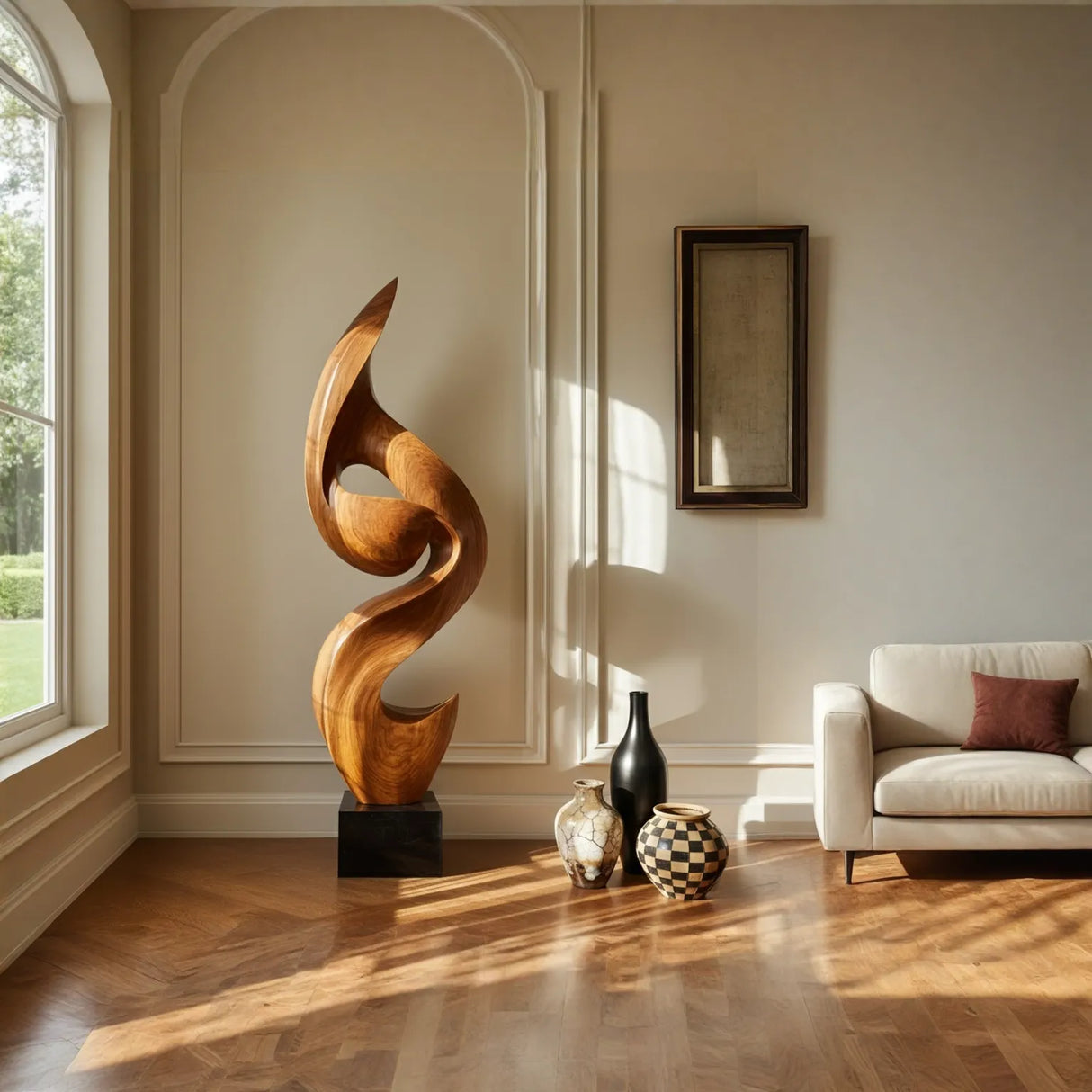 Tall Solid Wood Flowing Curve Floor Sculpture with Plinth for Modern Interiors