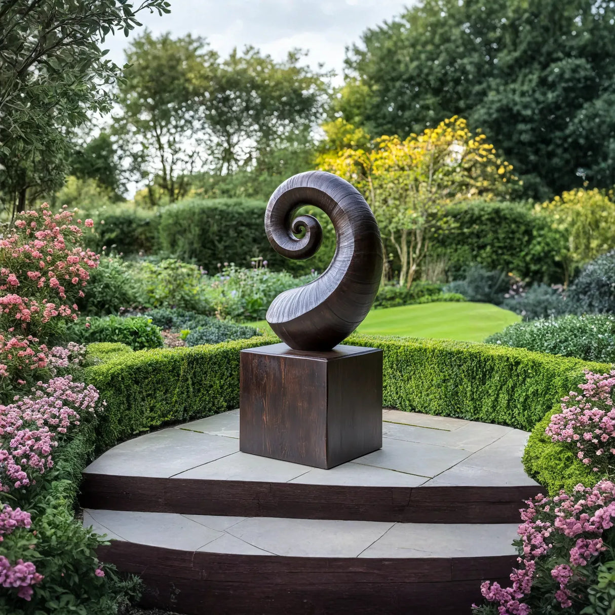 Modern Solid Wood Spiral Form Sculpture for Garden and Landscape Spaces