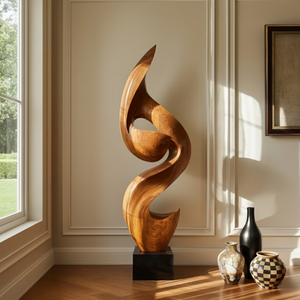 Tall Solid Wood Flowing Curve Floor Sculpture with Plinth for Modern Interiors