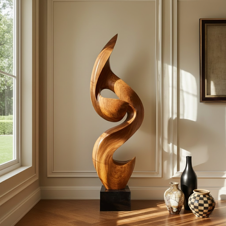 Tall Solid Wood Flowing Curve Floor Sculpture with Plinth for Modern Interiors