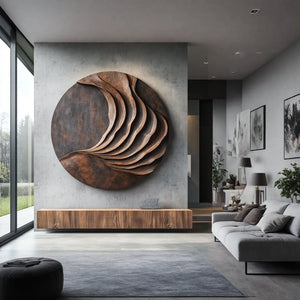Large Solid Wood Layered Wave Circle Wall Sculpture for Modern Interiors