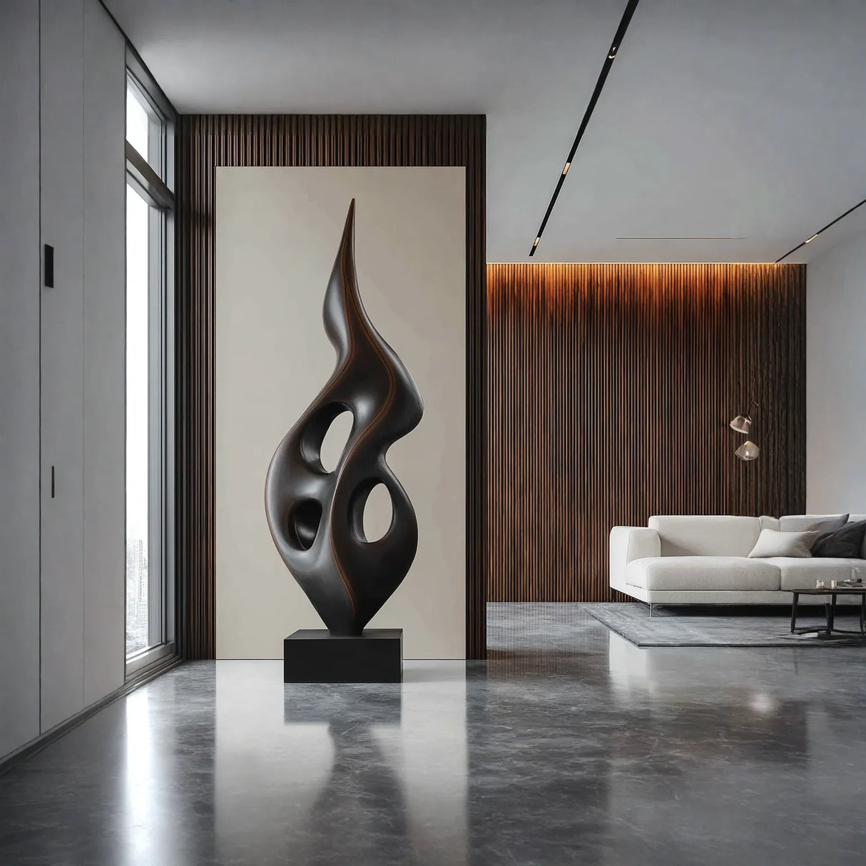 Tall Openwork Solid Wood Flame Sculpture with Plinth for Modern Living Rooms
