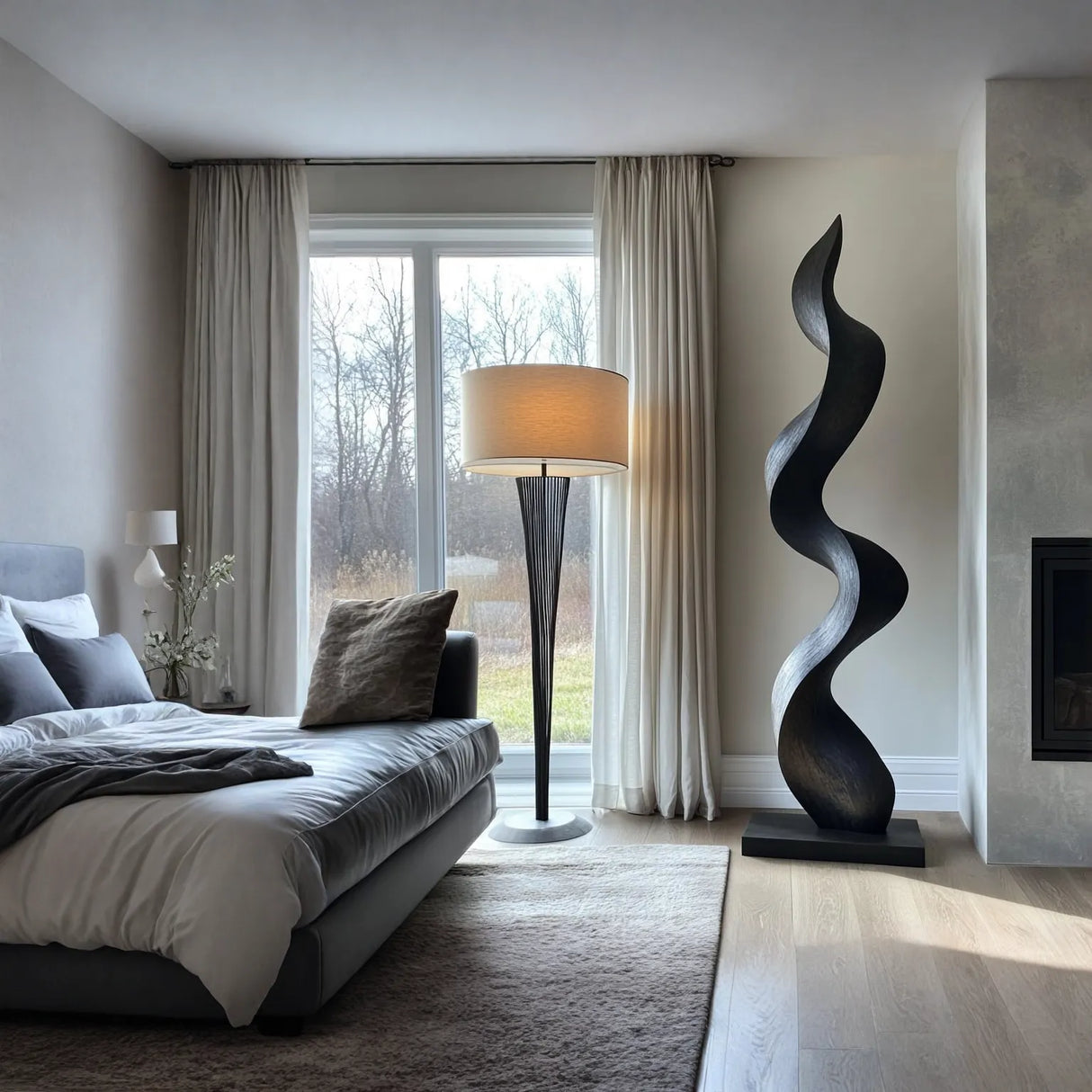 Solid Wood Curved Flow Sculpture for Contemporary Interior Spaces