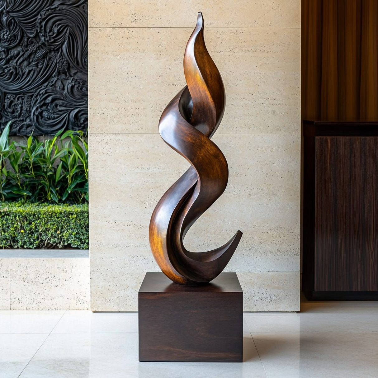 Solid Wood Twisting Flame Sculpture for Modern Interior Display