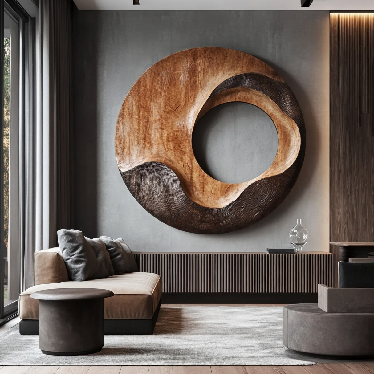 Contemporary Solid Wood Wall Sculpture for Living Room