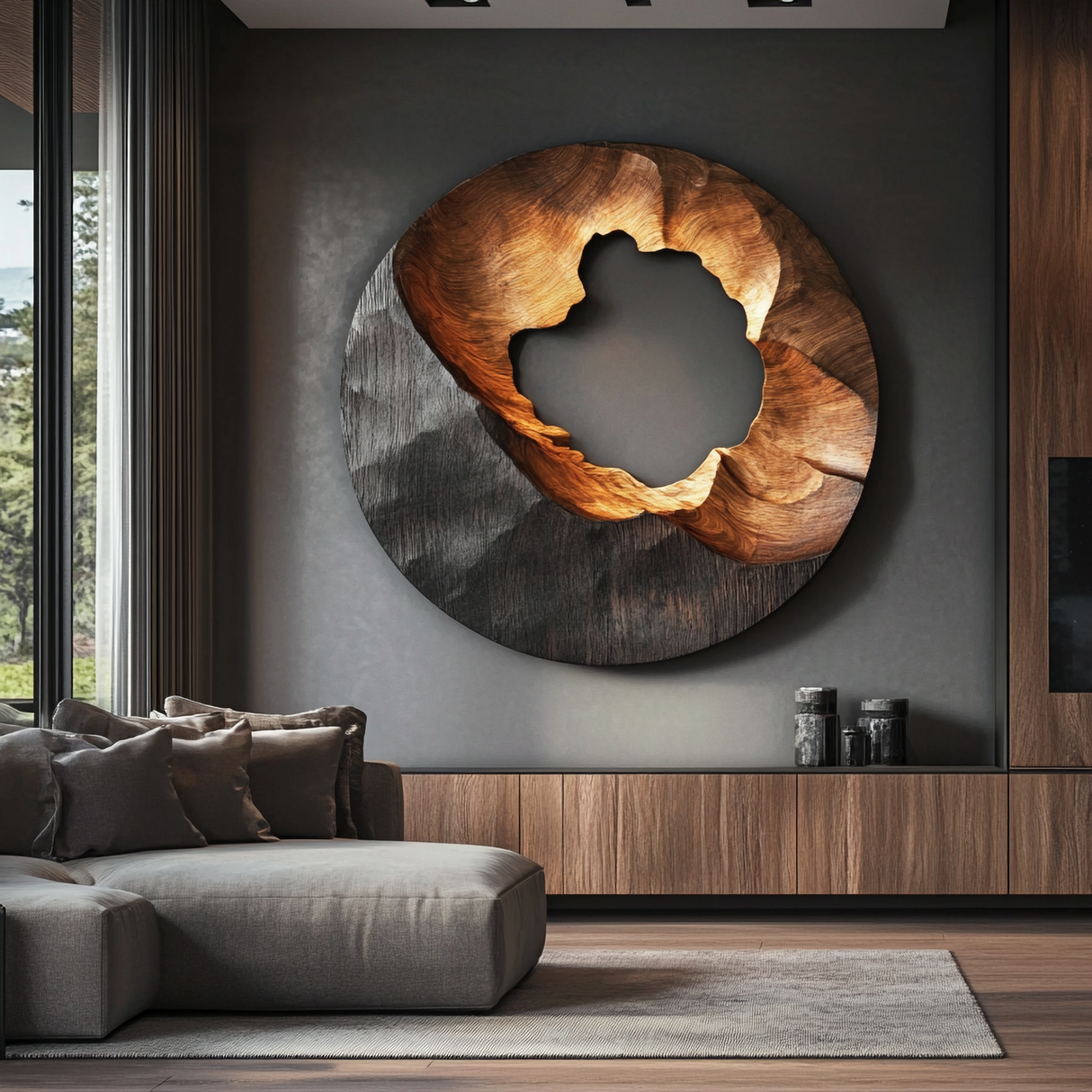 Organic Round Solid Wood Wall Sculpture with Carved Void for Living Room