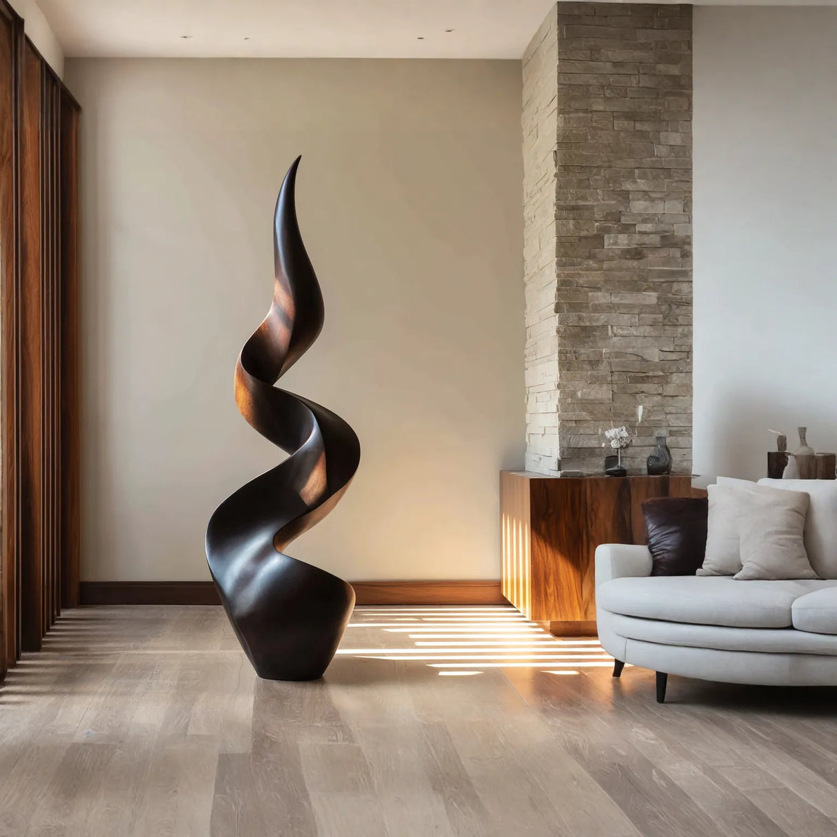 Tall Sculptural Solid Wood Spiral Floor Art for Modern Interiors