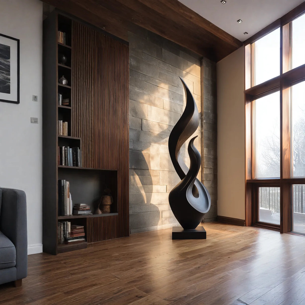 Tall Solid Wood Flame Floor Sculpture for Modern Interiors