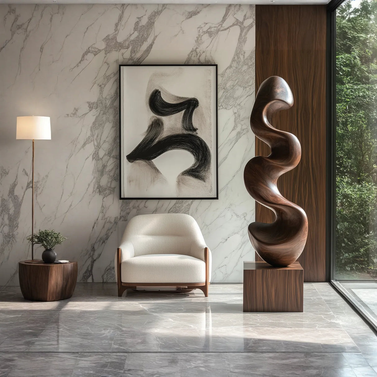 Solid Wood Sculptural Wave Floor Sculpture with Plinth for Modern Interiors