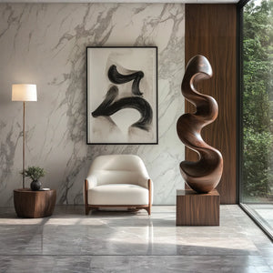 Solid Wood Sculptural Wave Floor Sculpture with Plinth for Modern Interiors