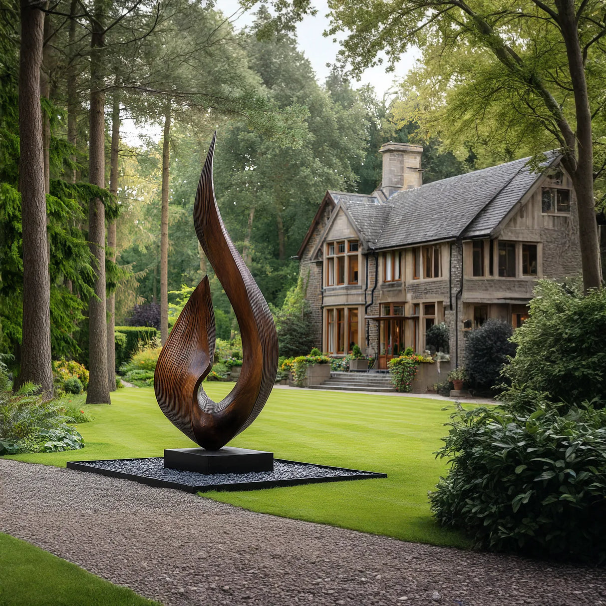 Large Outdoor Solid Wood Textured Flame Sculpture with Plinth for Gardens