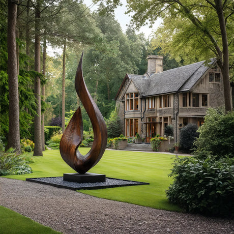 Large Outdoor Solid Wood Textured Flame Sculpture with Plinth for Gardens