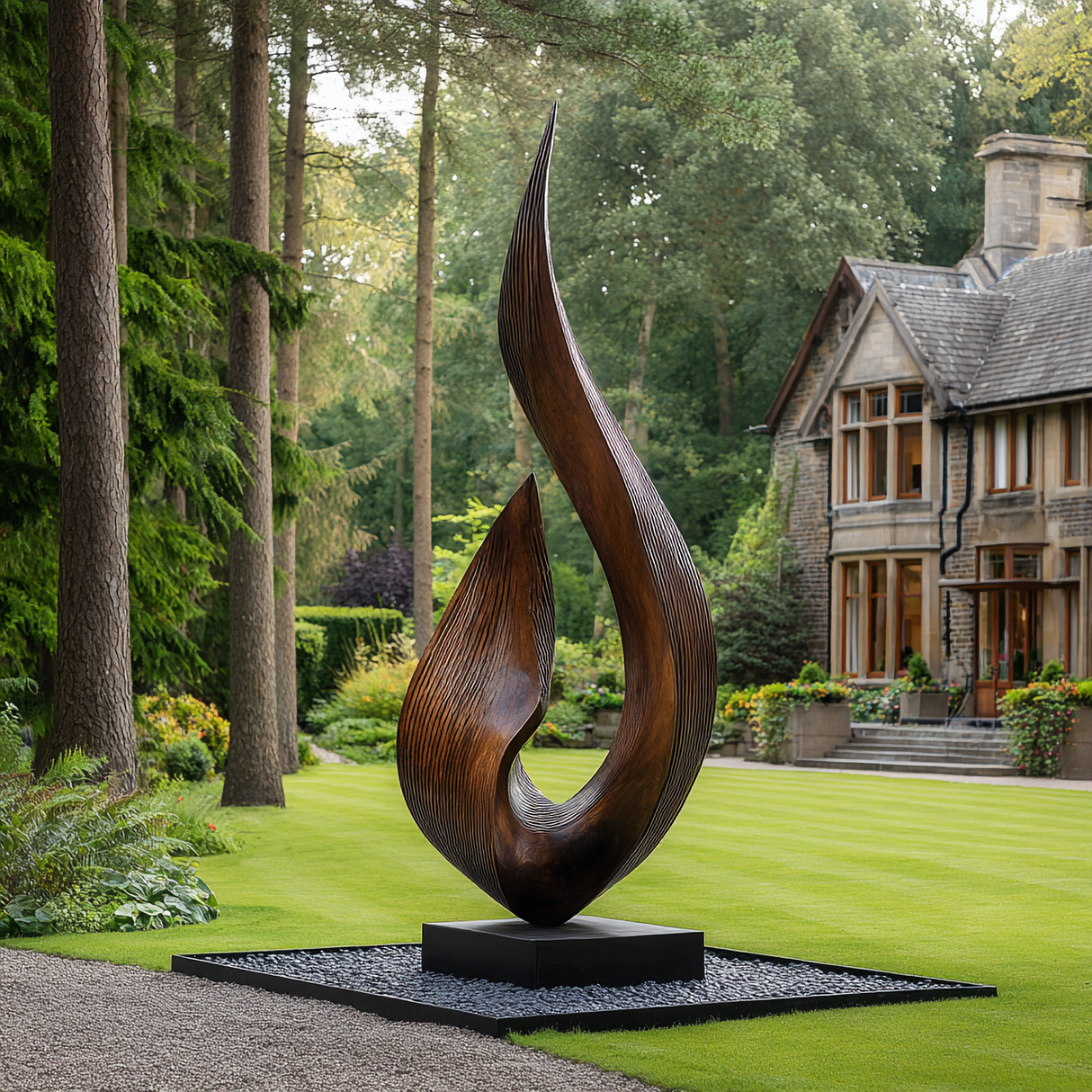Large Outdoor Solid Wood Textured Flame Sculpture with Plinth for Gardens