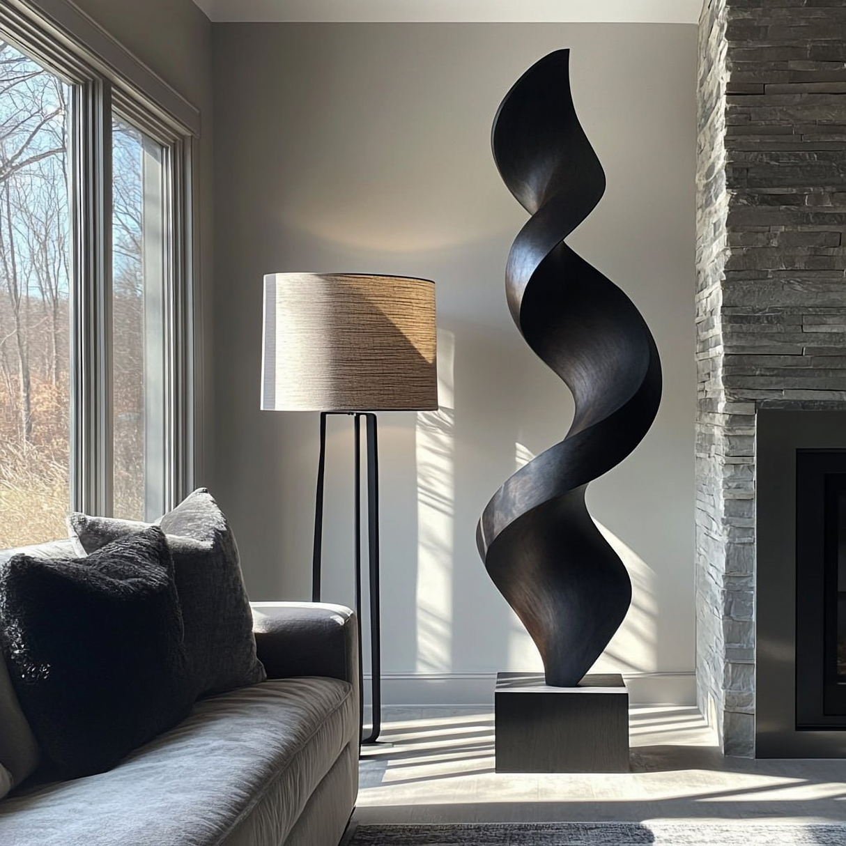 Tall Spiral Solid Wood Floor Sculpture with Plinth for Modern Living Rooms and Contemporary Interiors