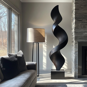 Tall Spiral Solid Wood Floor Sculpture with Plinth for Modern Living Rooms and Contemporary Interiors
