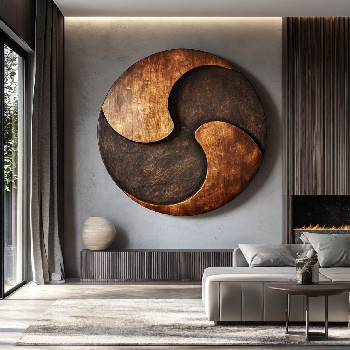 Round Solid Wood Wall Sculpture with Triskelion-Inspired Abstract Form