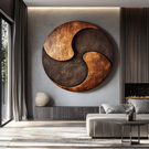 Round Solid Wood Wall Sculpture with Triskelion-Inspired Abstract Form