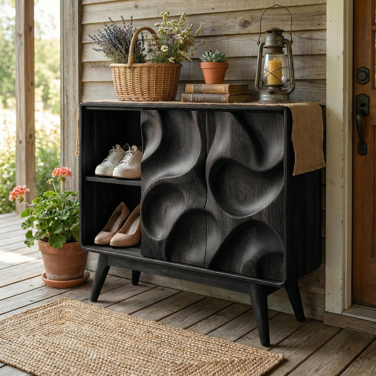 Handcrafted Solid Wood Shoe Cabinet with Sculptural Carved Doors and Open Side Shelves