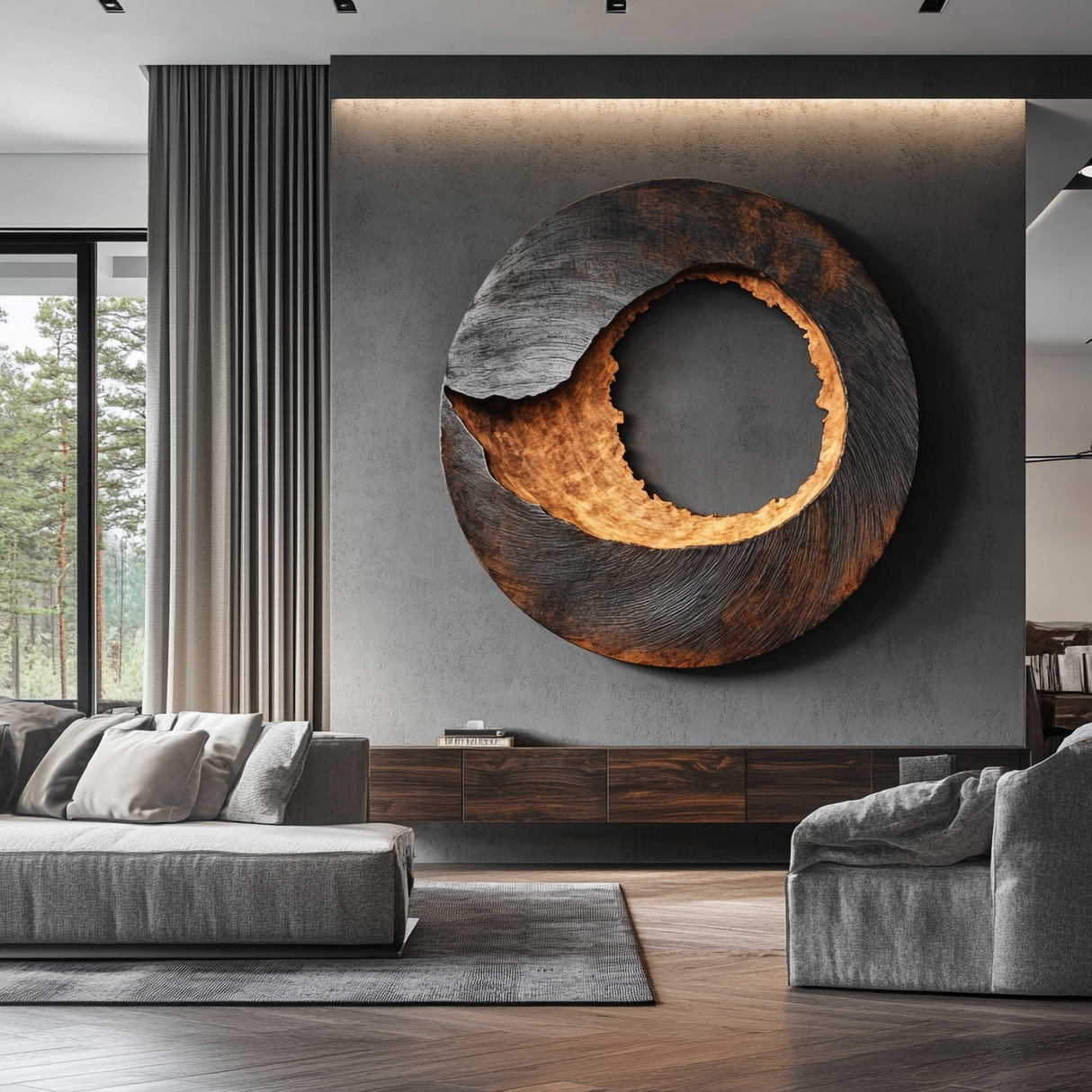 Large Solid Wood Textured Circle Wall Sculpture for Modern Living Rooms