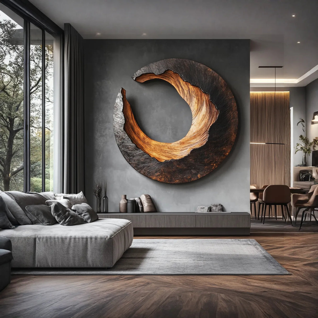 Large Solid Wood Crescent Circle Wall Sculpture for Modern Living Rooms