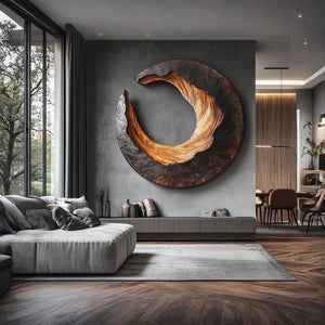 Large Solid Wood Crescent Circle Wall Sculpture for Modern Living Rooms