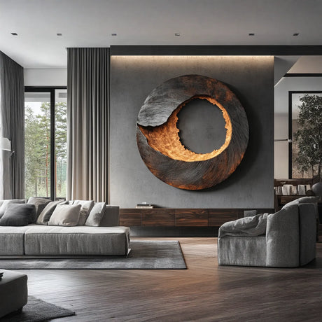 Large Solid Wood Textured Circle Wall Sculpture for Modern Living Rooms