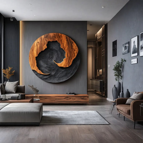 Large Circular Solid Wood Wall Sculpture for Contemporary Living Rooms