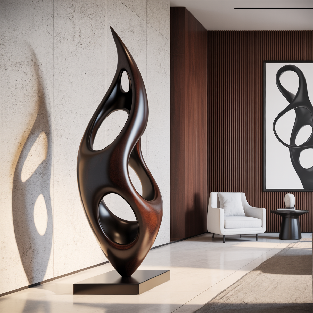 Solid Wood Openwork Flame Sculpture with Plinth for Modern Living Rooms and Lobby Spaces