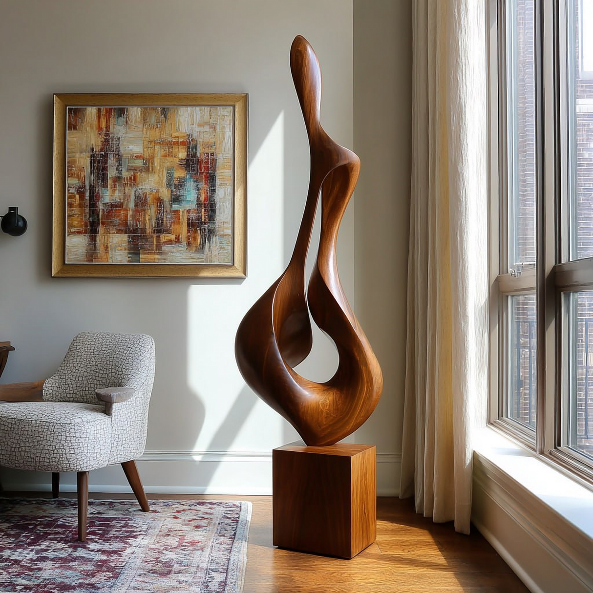 Tall Hand-Carved Organic Solid Wood Sculpture for Modern Interior Spaces