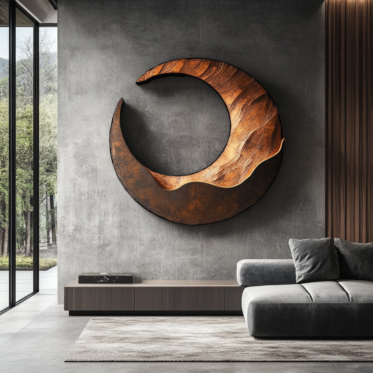 Large Solid Wood Crescent Wall Sculpture for Modern Living Rooms