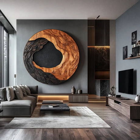 Large Round Solid Wood Wall Art Sculpture for Living Room