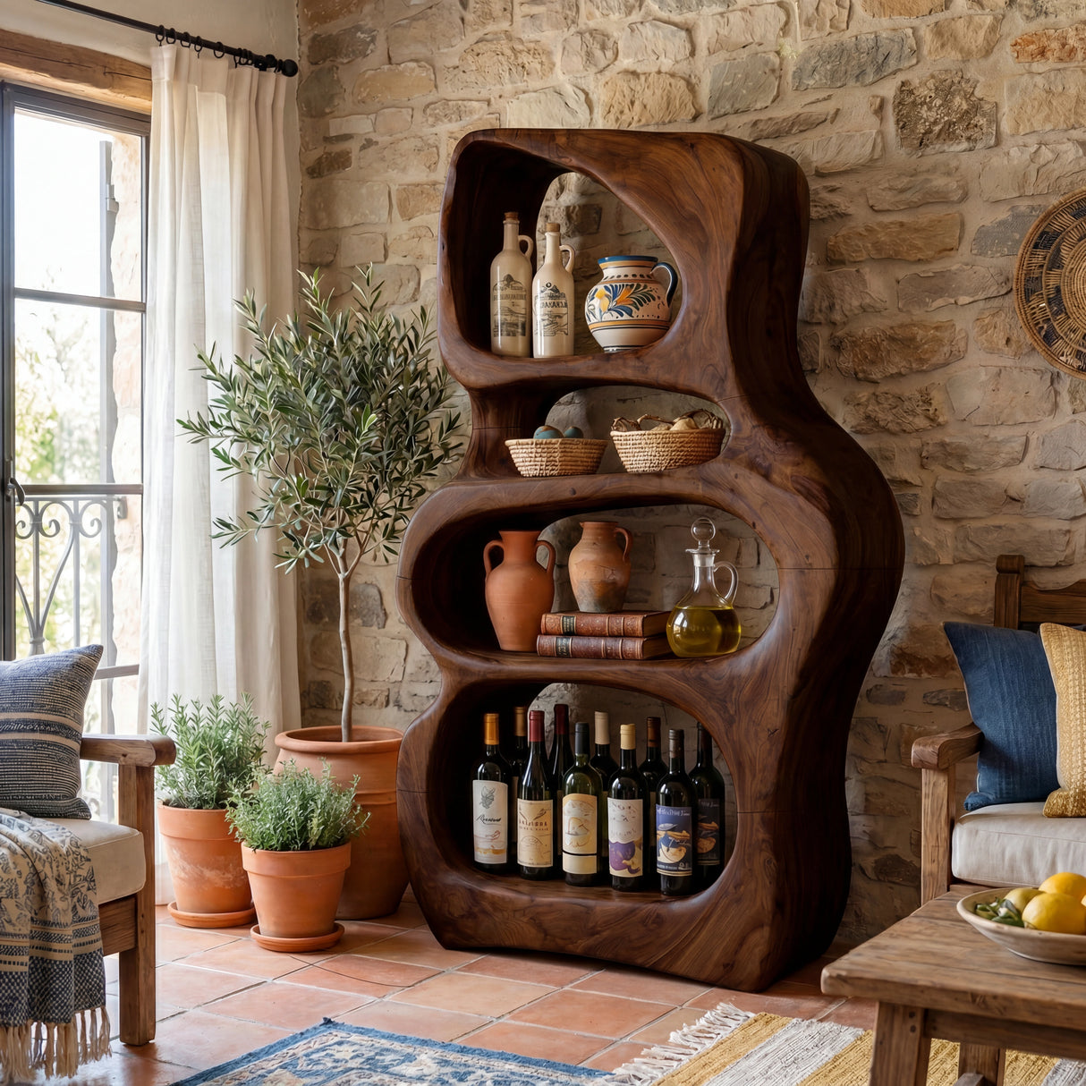 Solid Wood Wine Shelf with Organic Open Compartments for Living Room
