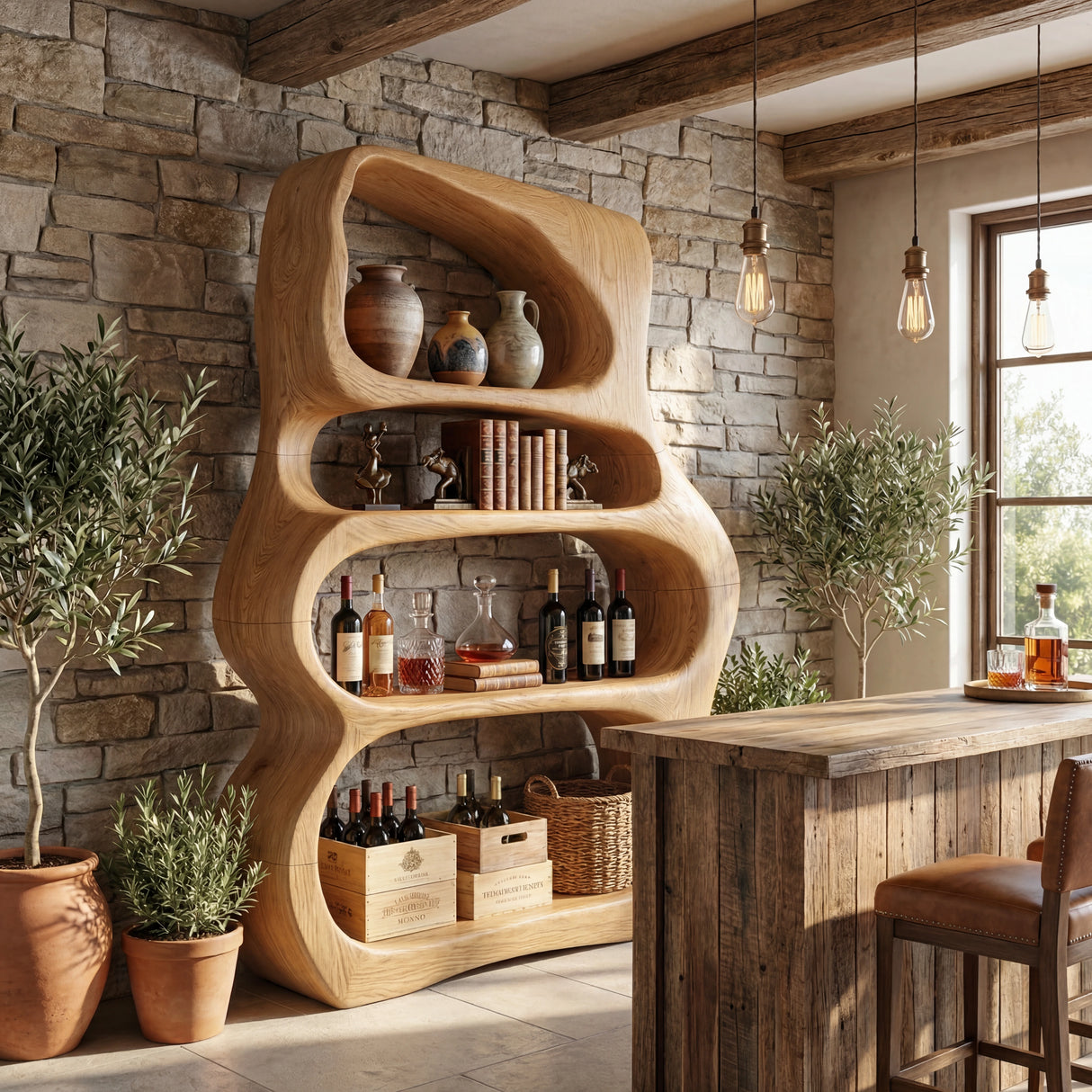 Solid Wood Wine Shelf with Organic Open Compartments for Living Room