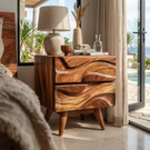 Handcrafted Solid Wood Bedside Table with Sculpted Wave Front